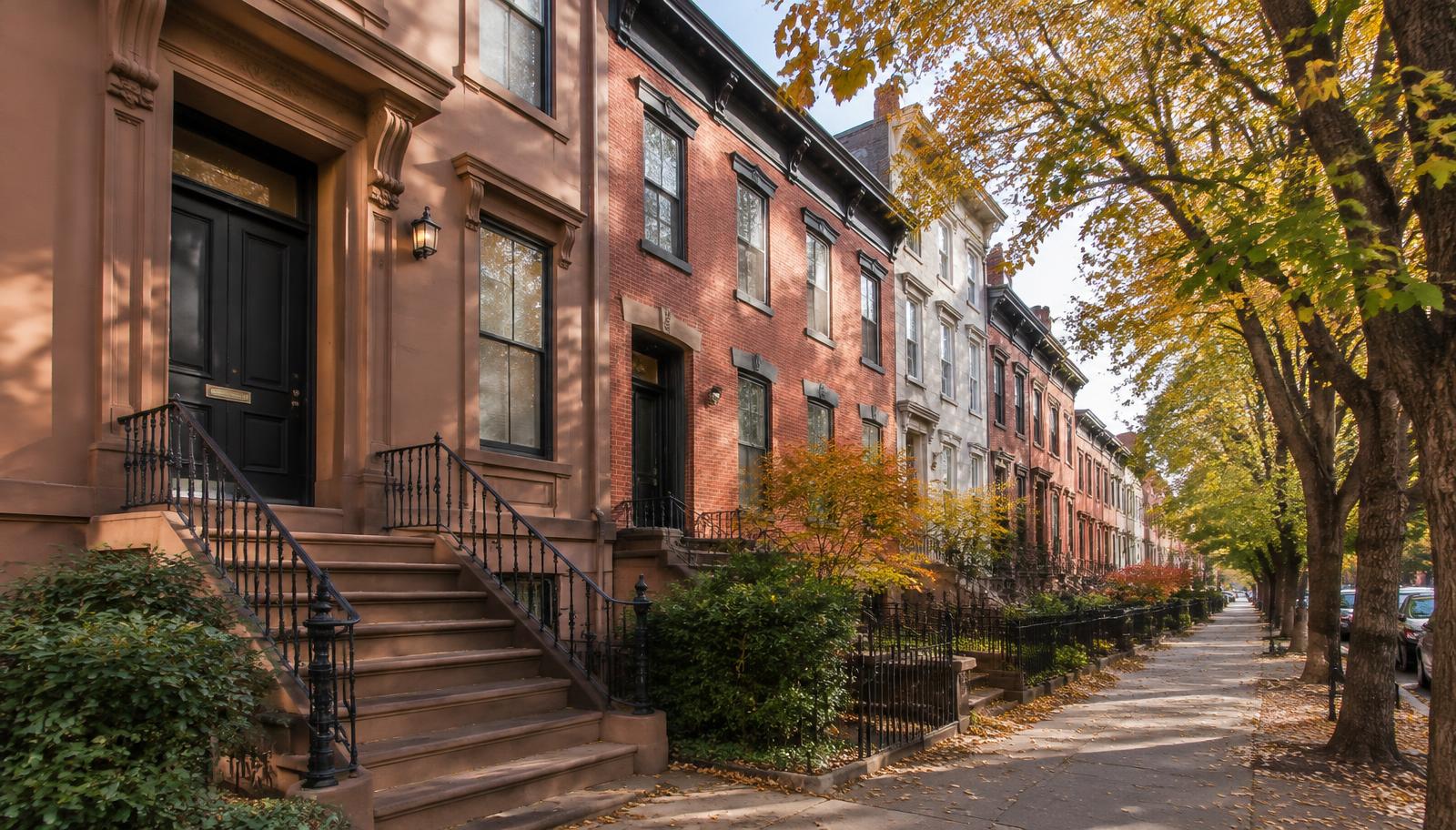 Historic brick row houses on a tree-lined Capital Region street